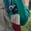 A close-up shot of a person's backpack with a small silver tin box with red and black text on it peeking out of a side pocket. Produktbild-Vorschau
