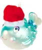 A close-up studio shot of a glass Christmas ornament shaped like a blue pufferfish wearing a Santa hat. Produktbild-Vorschau