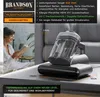 A woman reading a book next to a vacuum cleaner on a table, with product features listed in text boxes. Náhled obrázku produktu
