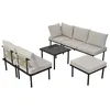 A beige outdoor furniture set with a black frame, including a sofa, a loveseat, a coffee table, and an ottoman, arranged on a white background. Anteprima dell’immagine prodotto