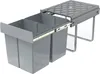 A grey, two-compartment pull-out trash bin system with a lid, designed for under-cabinet installation. Voir les images du produit