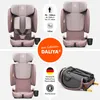 A collage of images showing a pink car seat from different angles, along with marketing text and icons. Náhled obrázku produktu