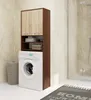 A washing machine cabinet unit with two doors and open shelves above a washing machine, placed in a bathroom setting. Produktbild-Vorschau