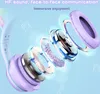 Exploded view of a purple gaming headset with musical notes in the background. Podgląd zdjęcia produktu