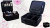 A collage of two black makeup organizers, one open and filled with makeup, the other open and empty with dividers. Decorative elements like a lotus flower and a woman's face outline are present. Náhľad obrázku produktu