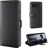 A collage of images showing a black leather flip phone case for a Google Pixel phone, including a close-up of the case and a phone inside it. Produktbild-Vorschau
