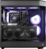 A gaming PC with RGB lighting inside a black case with a glass side panel. Produktbild-Vorschau