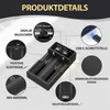 A product image showing a battery charger with various callouts and feature descriptions. Produktbild-Vorschau