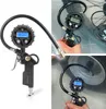 Collage of a digital tire pressure gauge being used on a bicycle wheel and a standalone product shot. Produktbild-Vorschau