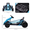 A collage of images showing a blue electric go-kart from different angles, with dimensions and close-ups of the seat. Produktbild-Vorschau