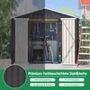 A split image showing a garden shed in rain on the left and sun on the right, with tools and a bicycle inside. Produktbild-Vorschau