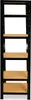 A tall, black metal shelving unit with several wooden shelves against a white background. Podgląd zdjęcia produktu