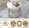A round coffee table with a marble-like top and gold metal legs, shown on a blue and white rug. Below the table, there are diagrams illustrating its features. Produktbild-Vorschau