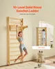 A woman is using a wooden Swedish ladder, and a child is climbing a similar ladder in the background. Produktbild-Vorschau