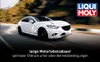 A white car driving on a road with trees in the background, with a logo and text overlay. Produktbild-Vorschau