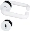 A white door handle set and a separate keyhole escutcheon are shown against a white background. Produktbild-Vorschau