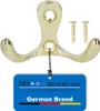 A gold-colored double hook coat hanger with two screws and a blue tag with company information. Produktbild-Vorschau
