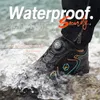 A close-up shot of a black work shoe submerged in water, with text overlays. Produktbild-Vorschau