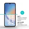 A smartphone screen displaying the 'Galaxy A34 5G' logo, with marketing text and icons explaining its matte finish and anti-glare properties. Produktbild-Vorschau