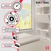 A graphic overlay with feature callouts is placed over a product image showing a white shelving unit with a cabinet door open, and a window with a blurred outdoor scene behind it. Anteprima dell’immagine prodotto