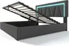 A bed frame with the mattress support system lifted to reveal storage space underneath. The headboard has integrated LED lighting. Produktbild-Vorschau