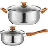 Two stainless steel pots with glass lids and wooden handles are shown against a white background. Náhled obrázku produktu