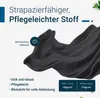 A dark gray fabric draped in a flowing manner, with text overlays describing its features. Produktbild-Vorschau
