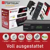 A collage of product packaging, the satellite receiver, and accessories, with feature icons and text. Produktbild-Vorschau