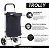 A dark blue shopping trolley with silver frame and white wheels, presented with descriptive text and icons highlighting its features. Náhľad obrázku produktu