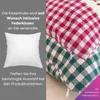 A pillow insert is shown next to two checkered pillow covers, with text overlay describing features. Produktbild-Vorschau