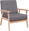 A studio shot of a gray fabric armchair with wooden legs and armrests. Voir les images du produit