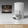 A white robot vacuum cleaner and its charging station are shown, with a close-up inset showing a cleaning feature. Produktbild-Vorschau