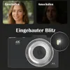 A split image showing a woman's face with and without flash, and a close-up of a digital camera with its flash activated. Produktbild-Vorschau