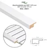 A white MDF end profile is shown at an angle, with a close-up inset of its ribbed texture and a technical diagram showing its dimensions. Produktbild-Vorschau
