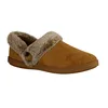A single brown slipper with faux fur trim and a button detail, shown from a side view on a white background. Produktbild-Vorschau