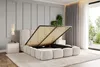A bedroom scene with a bed frame open to reveal storage space. Produktbild-Vorschau