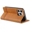 A brown leather iPhone case is shown from a side-angle, with the phone inserted and the cover folded open. Produktbild-Vorschau