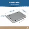 A diagram showing the dimensions of a gray repair kit part with white trim, along with screws. Produktbild-Vorschau