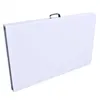 A folded white plastic table with a black handle on a white background. Produktbild-Vorschau