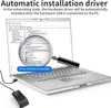 A laptop with a fingerprint scanner connected via USB, showing a driver installation success message on the screen. Produktbild-Vorschau