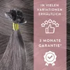 Close-up of hair extensions with marketing text and icons. Voir les images du produit