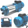 A collage of images showing a blue water pump with stainless steel components. Produktbild-Vorschau