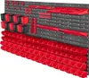 A wall-mounted tool organizer system with numerous red and black storage bins and various red tool holders. Produktbild-Vorschau