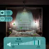 A person sleeping in a bed with a ceiling fan above them, with graphics indicating noise levels and features. Produktbild-Vorschau