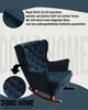 A navy blue upholstered rocking chair with tufted detailing, presented with descriptive text about its material. Náhled obrázku produktu