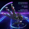 A gaming chair with LED lighting, shown with adjustable backrest and footrest features highlighted by text and graphics. Podgląd zdjęcia produktu