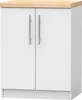 A white kitchen cabinet with a wooden top and silver handles, shown from the front. Produktbild-Vorschau