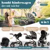 A mother holding her baby with a stroller in the background, and a collage of different stroller configurations below. Produktbild-Vorschau