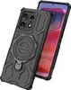 A black protective phone case with a ring stand is shown on a white background, with a phone partially visible inside. Produktbild-Vorschau