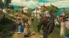 A group of people walking on a path towards a festival or market with tents and banners. Podgląd zdjęcia produktu